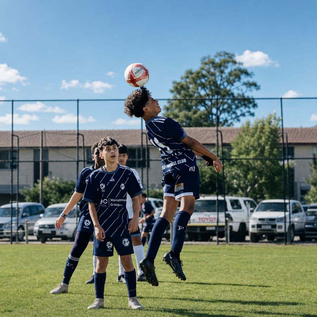 Junior players contesting a header at Upfield SC